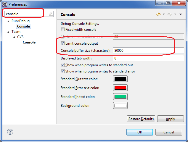 Increase console output limit in eclipse