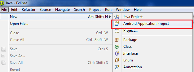 Create Android Project - Android Application Project File Option
