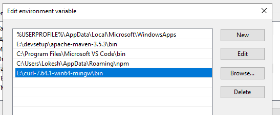 cURL bin location in windows PATH