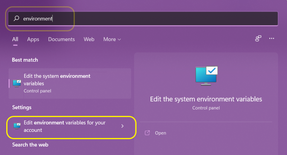 Windows environment variables option