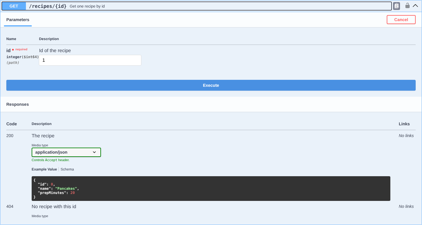 Swagger UI form for GET /recipes/{id} with the id parameter, the Execute button and the 200 and 404 responses