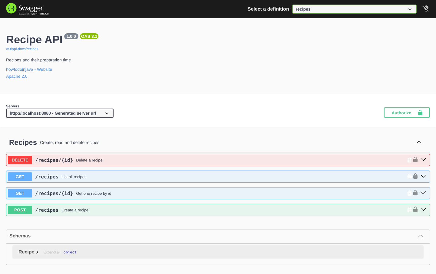 Swagger UI page of the Recipe API with the DELETE, GET and POST endpoints of the recipes group