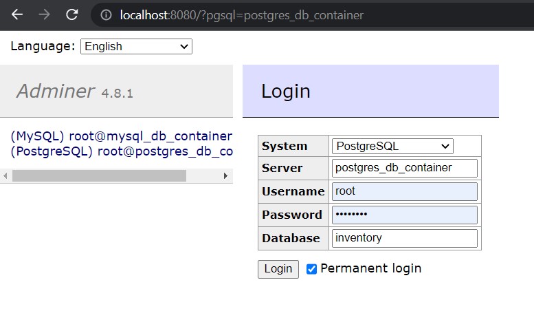 Adminer with PostgreSQL