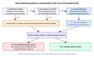 How Selenium picks a chromedriver - explicit path, then PATH, then Selenium Manager download - and where the version check fails