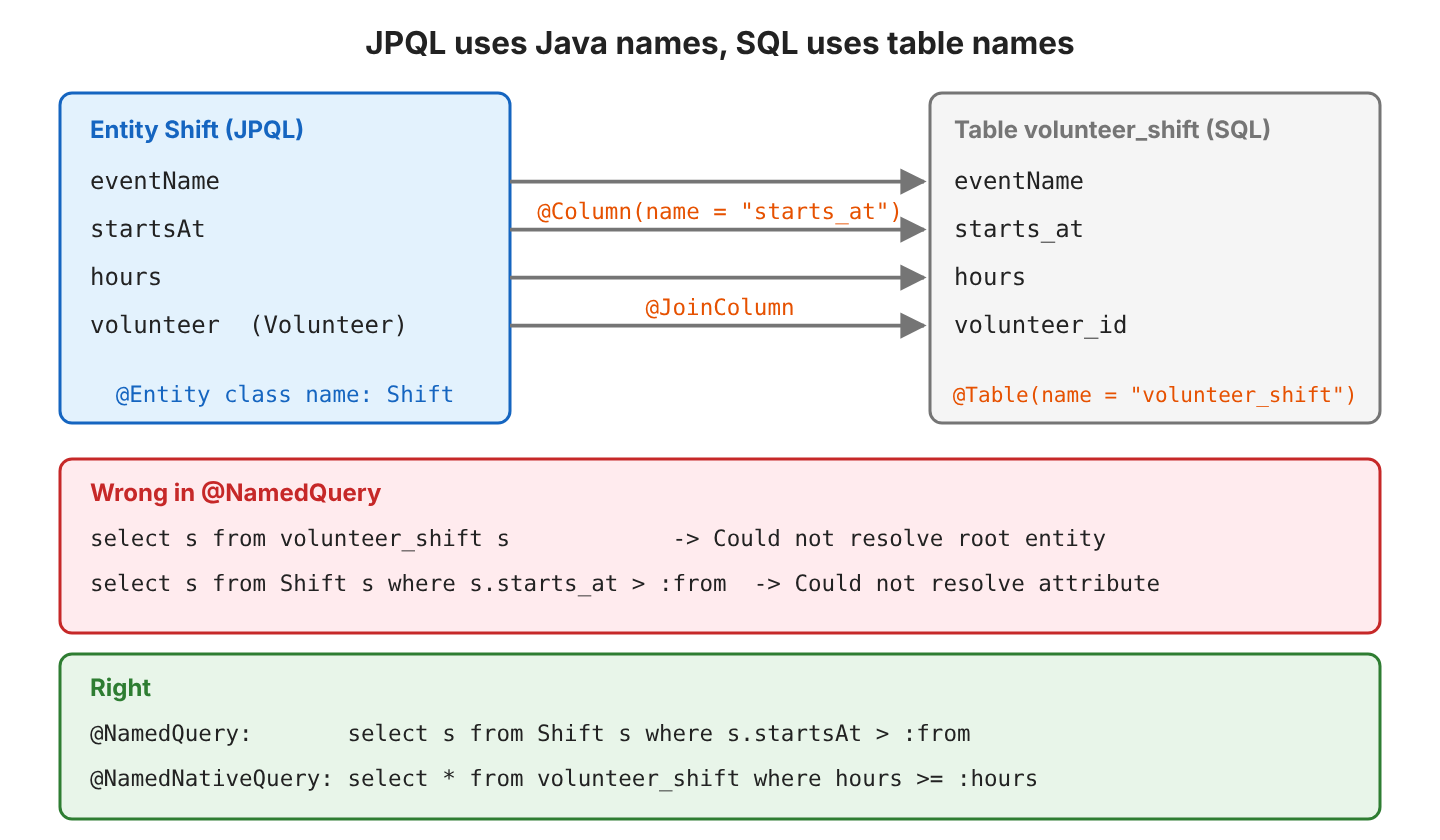Entity Shift with attributes eventName, startsAt, hours and volunteer mapped to table volunteer_shift with columns eventName, starts_at, hours and volunteer_id through @Column and @JoinColumn; wrong queries select from volunteer_shift or use s.starts_at; right queries use Shift and s.startsAt in @NamedQuery and volunteer_shift in @NamedNativeQuery