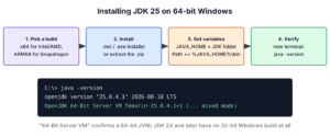 Four steps to install JDK 25 on Windows. Pick the x64 or ARM64 build, install the MSI or extract the ZIP, set JAVA_HOME and Path, and verify with java -version in a new terminal, which prints 64-Bit Server VM