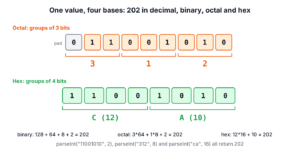 The number 202 written in binary 11001010, grouped in 3-bit groups for octal 312 and 4-bit groups for hex CA