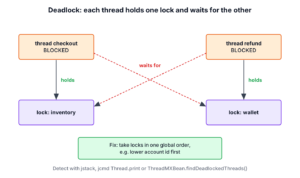 Deadlock cycle where thread checkout holds the inventory lock and waits for wallet, while thread refund holds wallet and waits for inventory