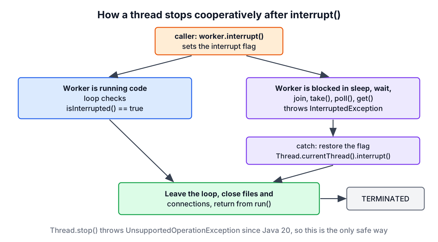 Flow diagram of a cooperative thread stop where interrupt sets a flag, a running thread checks isInterrupted and a blocked thread gets InterruptedException, and both clean up and return from run