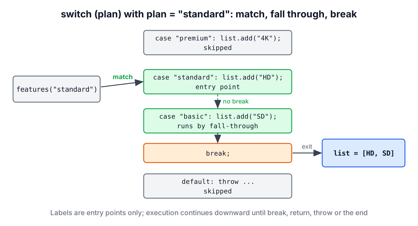 Java switch statement with plan standard jumping to the matching case and falling through to the basic case until break
