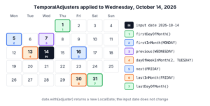 October 2026 calendar starting from Wednesday the 14th, with the dates returned by firstDayOfMonth, firstInMonth Monday, dayOfWeekInMonth 2 Tuesday, next Friday, previous Wednesday, lastInMonth Friday and lastDayOfMonth highlighted
