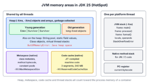 Diagram of JVM memory areas in JDK 25 with the shared heap split into young and old generation, metaspace and code cache in native memory, and a JVM stack, native method stack and PC register for each platform thread