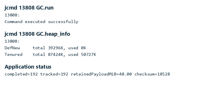 Recorded JDK collection and heap-information output after 192 completed exports
