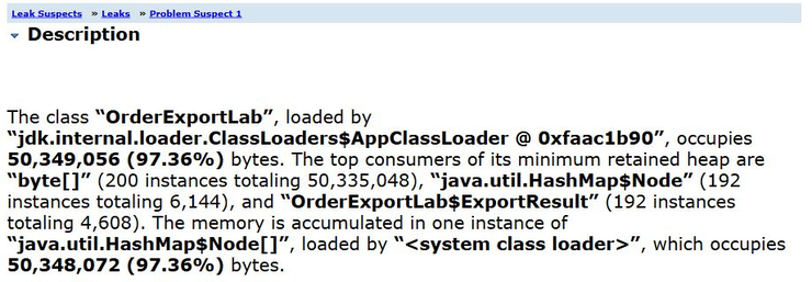 MAT Leak Suspects details showing OrderExportLab and its retained heap