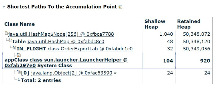 Eclipse MAT report showing the IN_FLIGHT field retaining the export map