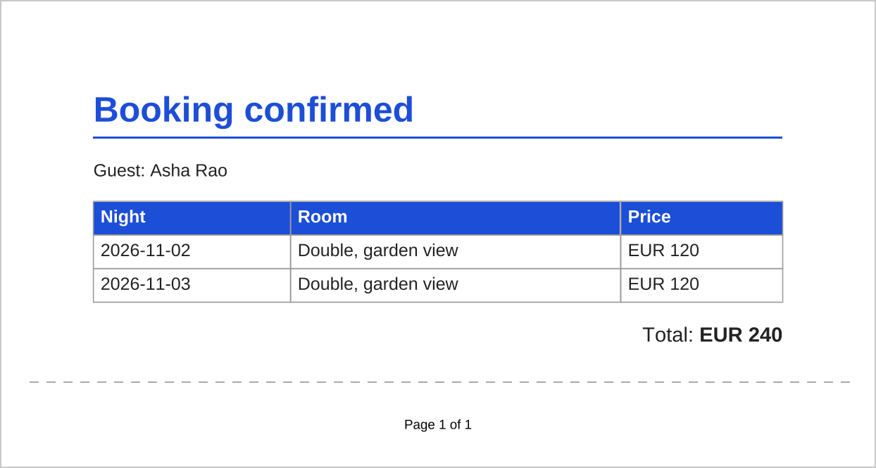 First page of the generated booking confirmation PDF with a blue heading, the guest name, a table of two nights with prices and a page number footer