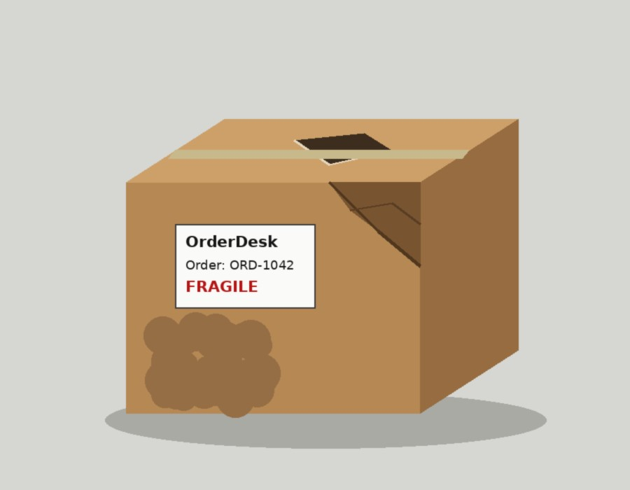 Drawn test image of a cardboard parcel with a label reading OrderDesk, Order: ORD-1042, FRAGILE, a dark torn hole on the top flap, a dented upper corner on the front right and a brown blotchy stain at the lower left of the front