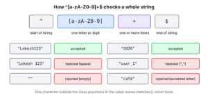 The regex ^[a-zA-Z0-9]+$ split into four parts with labels: ^ start of string, [a-zA-Z0-9] one letter or digit, + one or more times, $ end of string. Below, sample inputs: Lokesh123 and 2026 are accepted, Lokesh 123, user_1, an empty string and cafe with an accent are rejected.