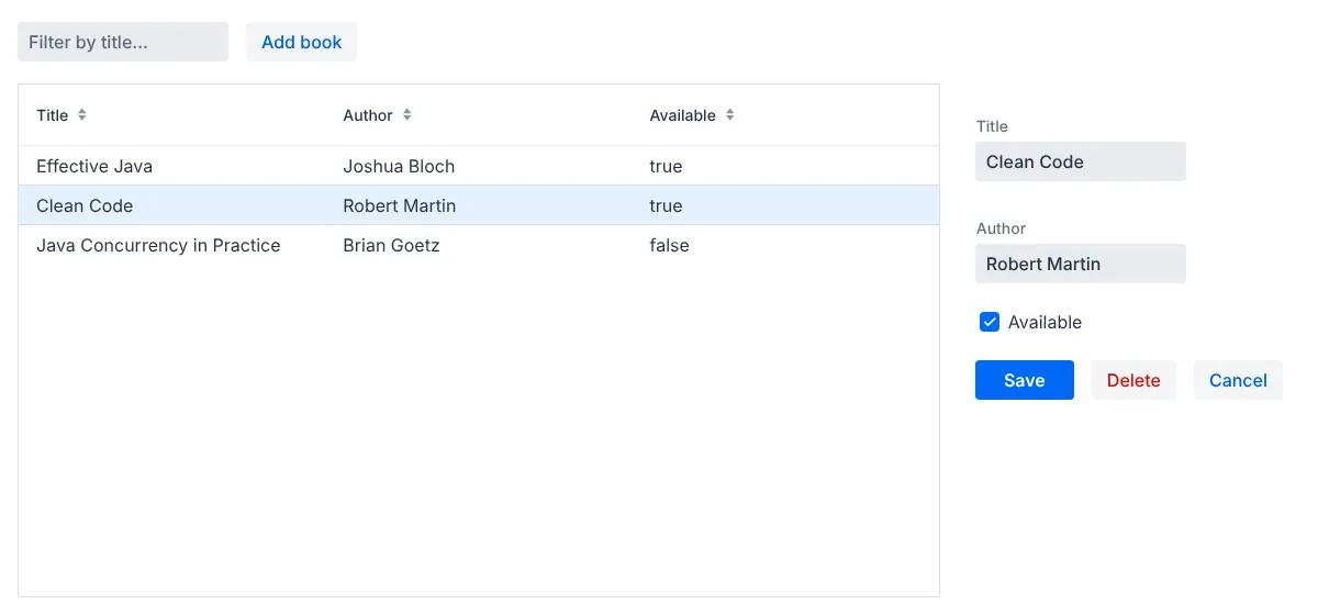 Spring Boot Vaadin CRUD example: selected book open in the edit form