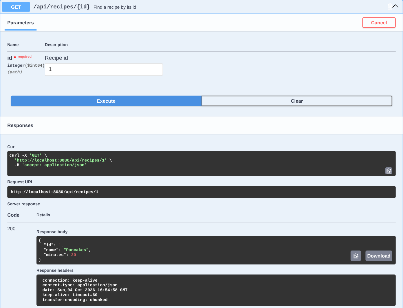 Swagger UI with the operation GET /api/recipes/{id} opened in Try it out mode. The id parameter is 1. Below the Execute button, the Curl box shows curl -X GET http://localhost:8080/api/recipes/1 with the header accept: application/json, and the server response is code 200 with the body id 1, name Pancakes, minutes 20 and the header content-type application/json.