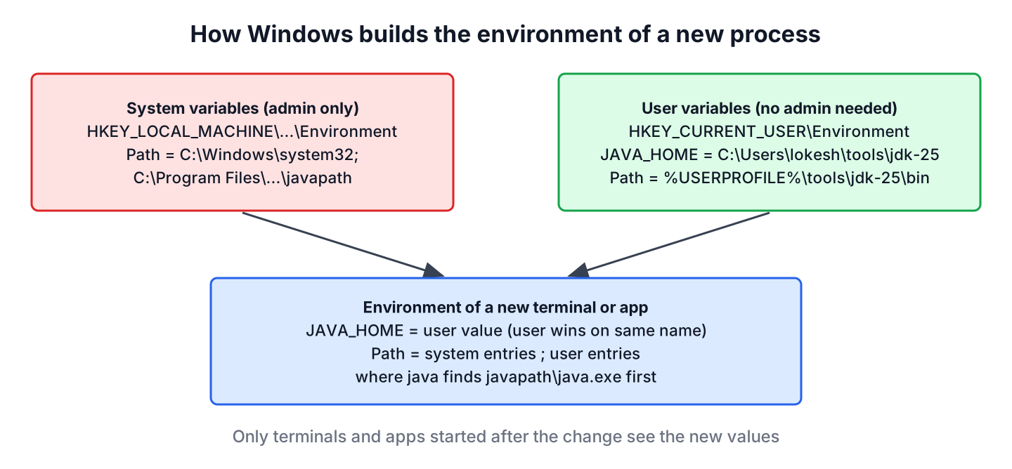 Windows merges system and user environment variables into each new process, and Path is system entries followed by user entries